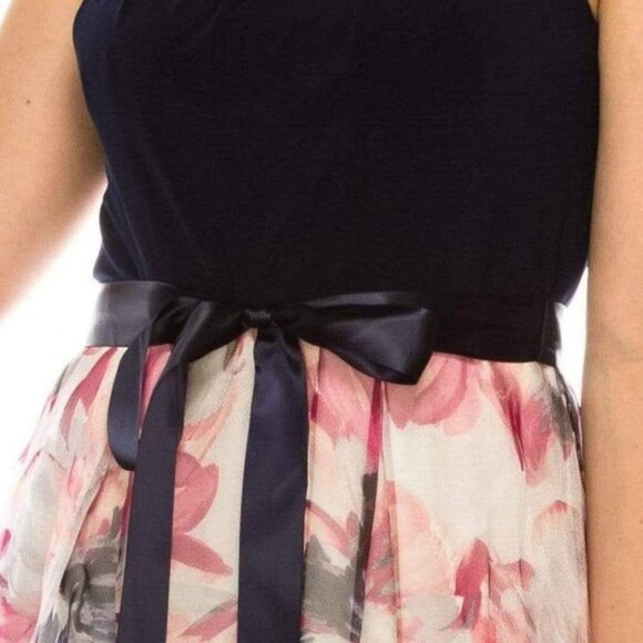 SLNY - 9141152 LONG HALTER Solid BODICE FLORAL A-LINE Dress NWT Navy Purple Pink - Picture 2 of 12